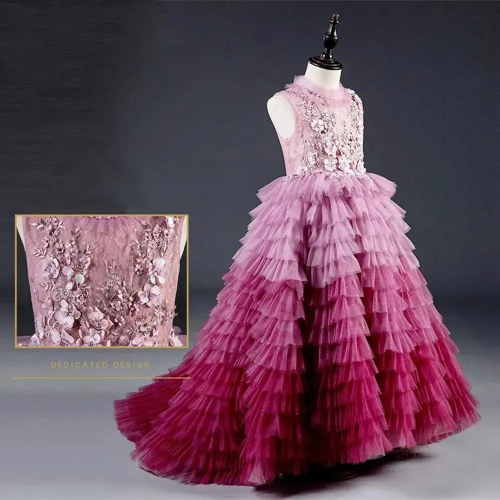 Jill Wish Luxury Fuchsia Flower Girl Dress Tiered Applique Princess A-Line J017