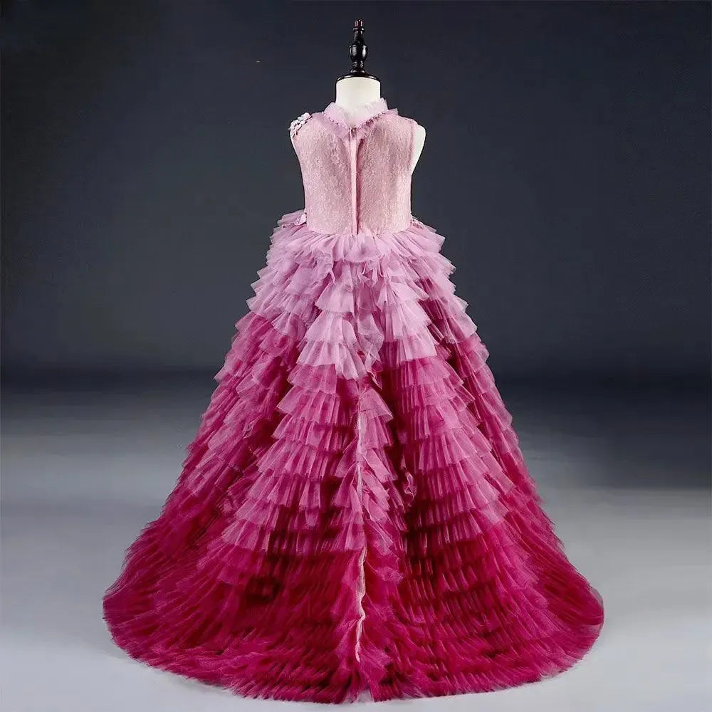 Jill Wish Luxury Fuchsia Flower Girl Dress Tiered Applique Princess A-Line J017