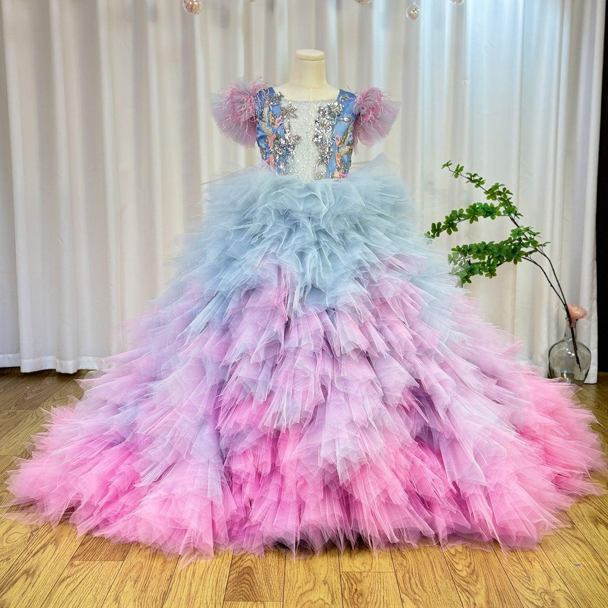 Jill Wish Luxury Girl Dress Feathers Beading Princess Prom Gown J163