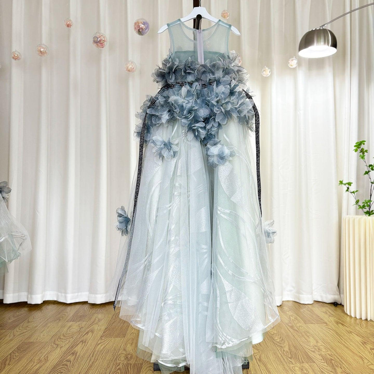 Jill Wish Luxury Gray Kids Girl Dress Handmade Flower Ribbons Princess A-Line J018
