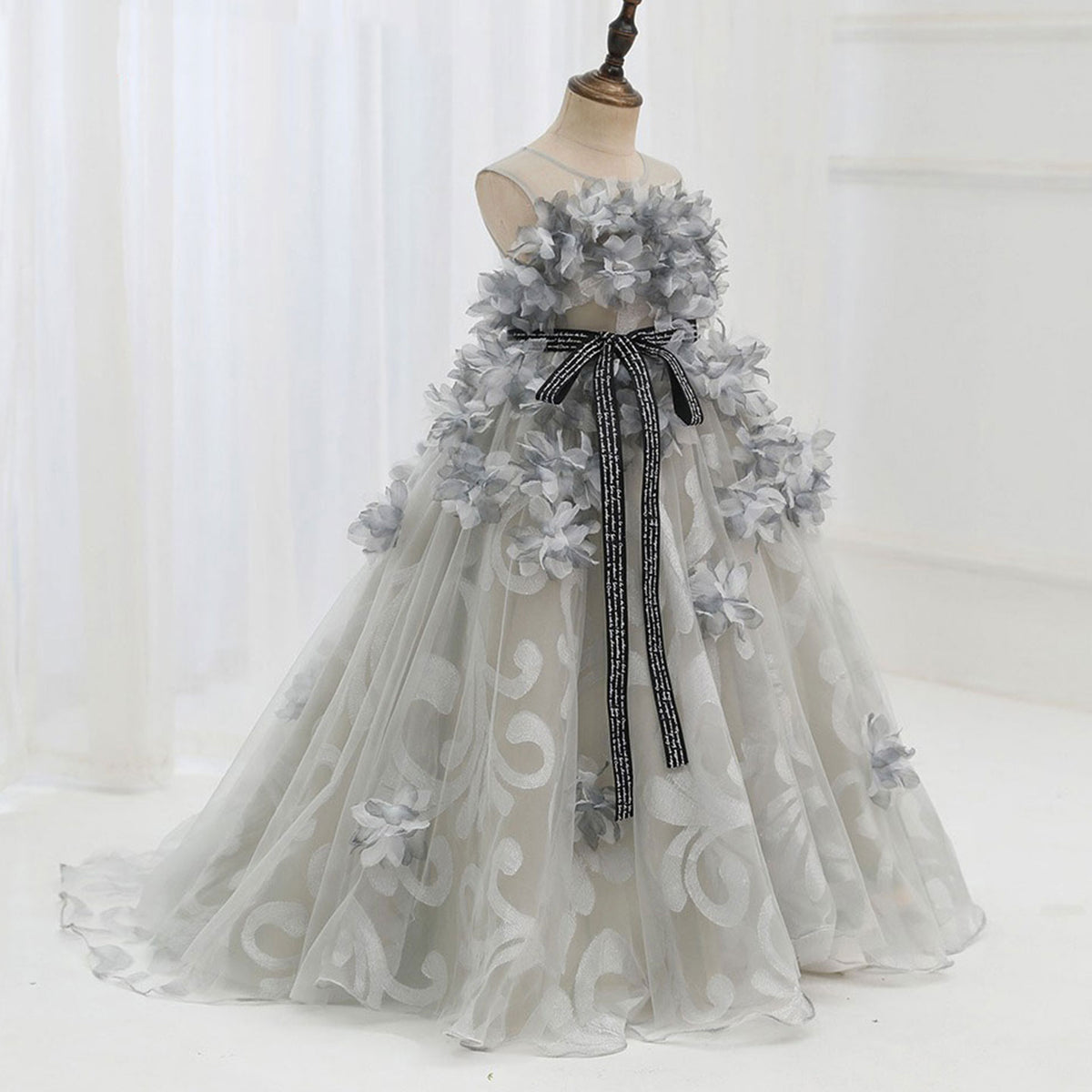 Jill Wish Luxury Gray Kids Girl Dress Handmade Flower Ribbons Princess A-Line J018
