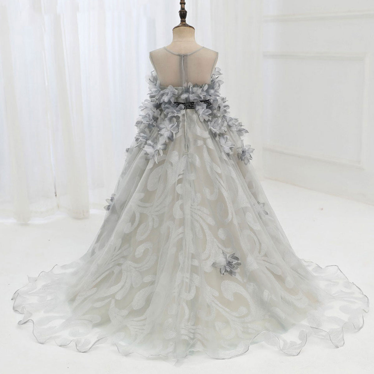 Jill Wish Luxury Gray Kids Girl Dress Handmade Flower Ribbons Princess A-Line J018