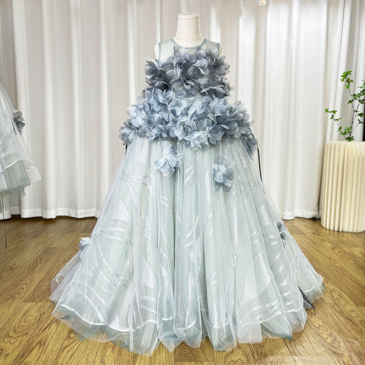 Jill Wish Luxury Gray Kids Girl Dress Handmade Flower Ribbons Princess A-Line J018
