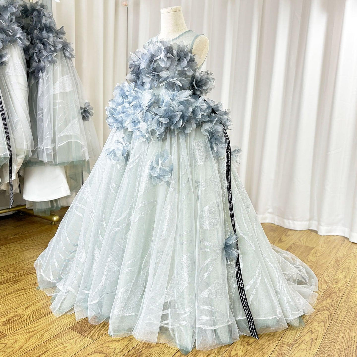 Jill Wish Luxury Gray Kids Girl Dress Handmade Flower Ribbons Princess A-Line J018