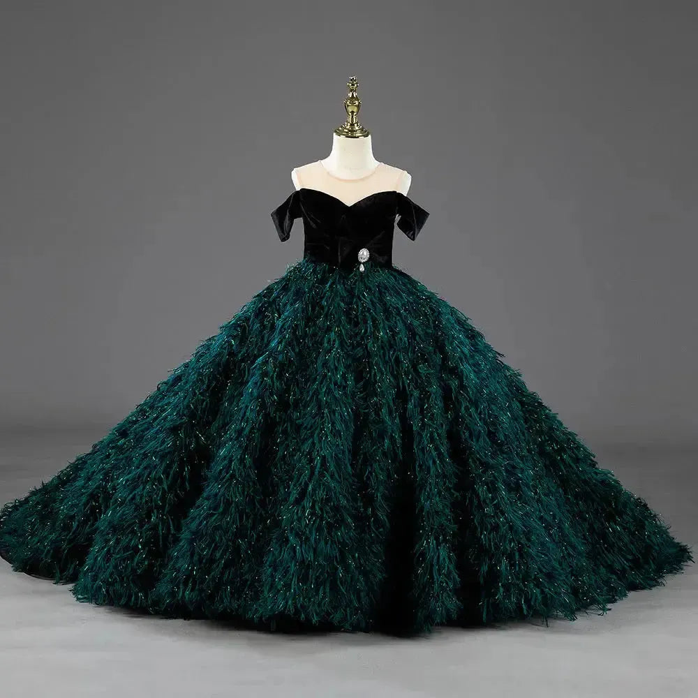 Jill Wish Luxury Green Flower Girl Dresses Dubai Feathers Ball Gown for Princess J007
