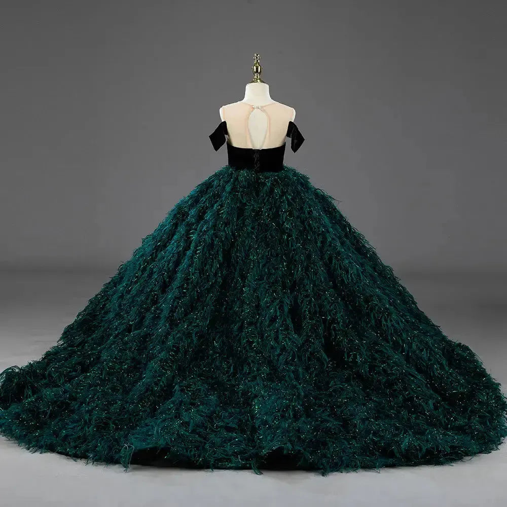 Jill Wish Luxury Green Flower Girl Dresses Dubai Feathers Ball Gown for Princess J007