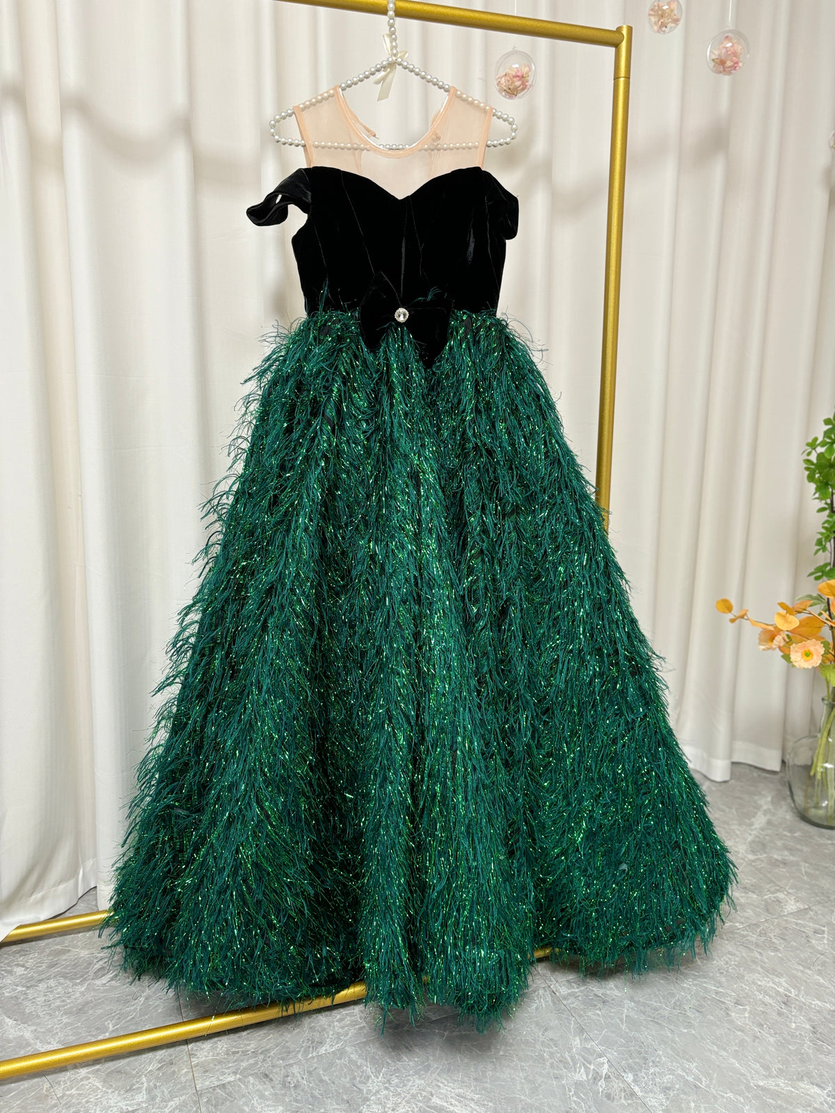 Jill Wish Luxury Green Flower Girl Dresses Dubai Feathers Ball Gown for Princess J007