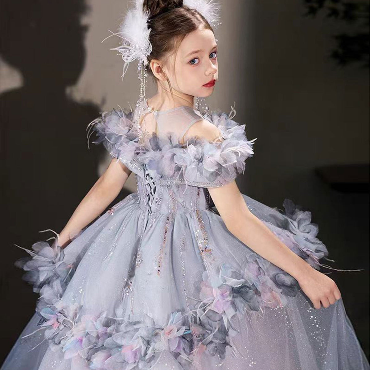 Jill Wish Luxury Lilac Flower Girl Dress Arabic Princess Kids Floor Length J083
