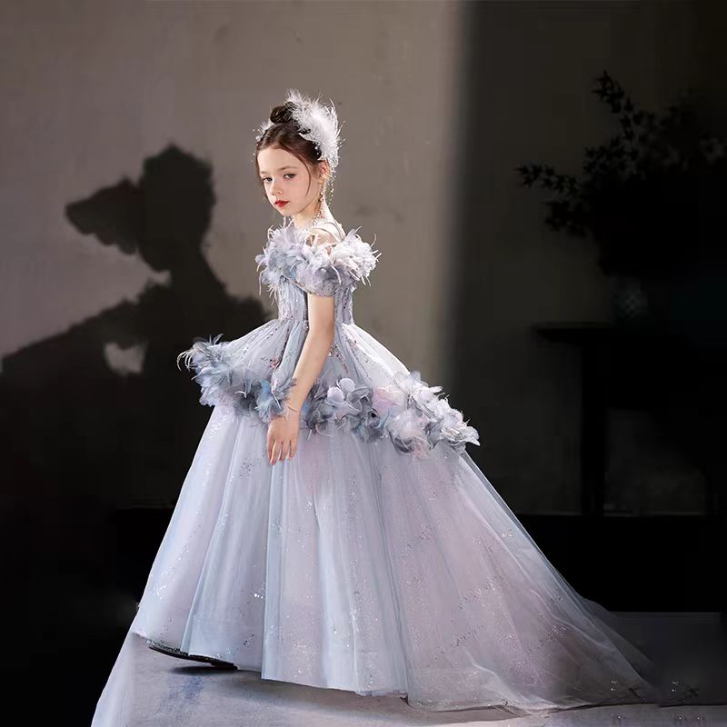 Jill Wish Luxury Lilac Flower Girl Dress Arabic Princess Kids Floor Length J083