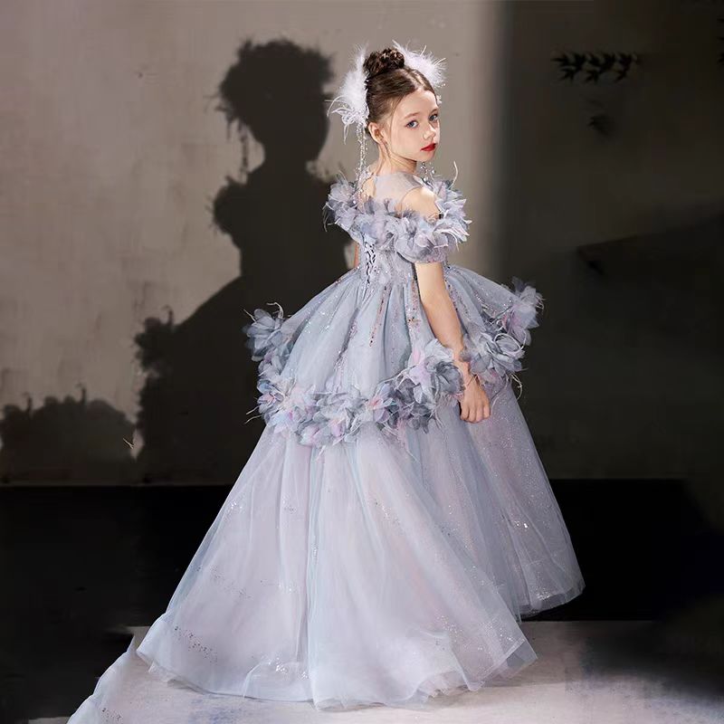 Jill Wish Luxury Lilac Flower Girl Dress Arabic Princess Kids Floor Length J083