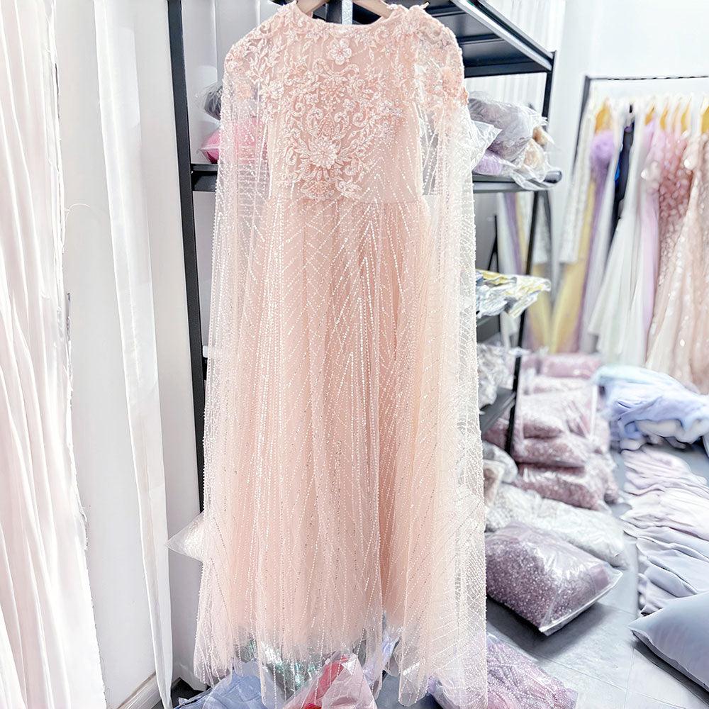 Jill Wish Luxury Pearl Arabic Girl Dress Applique Beaded with Cape Princess J071