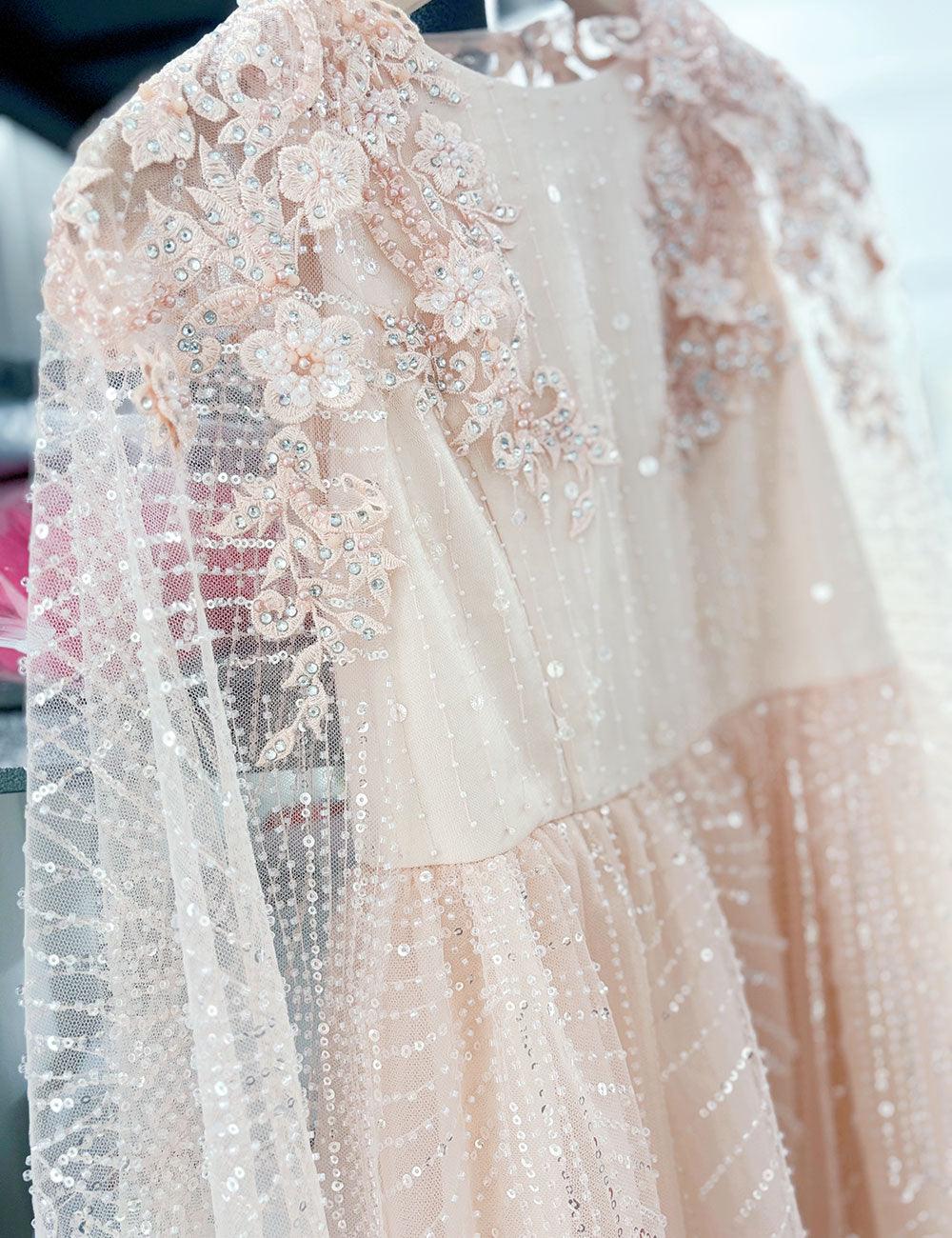 Jill Wish Luxury Pearl Arabic Girl Dress Applique Beaded with Cape Princess J071