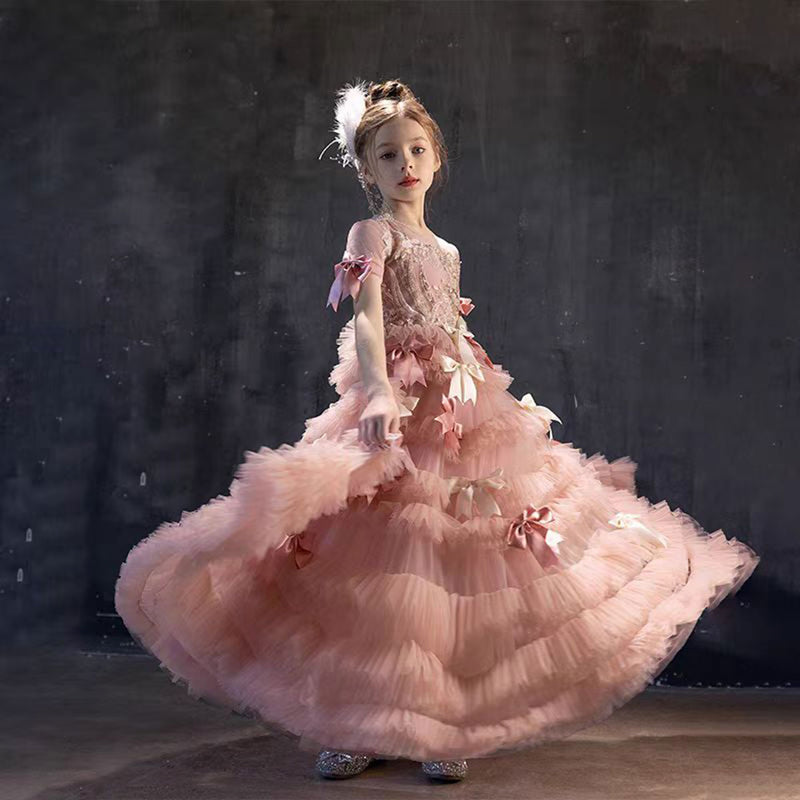 Jill Wish Luxury Pink A-Line Beading Girl Dress Princess Birthday Gown J084