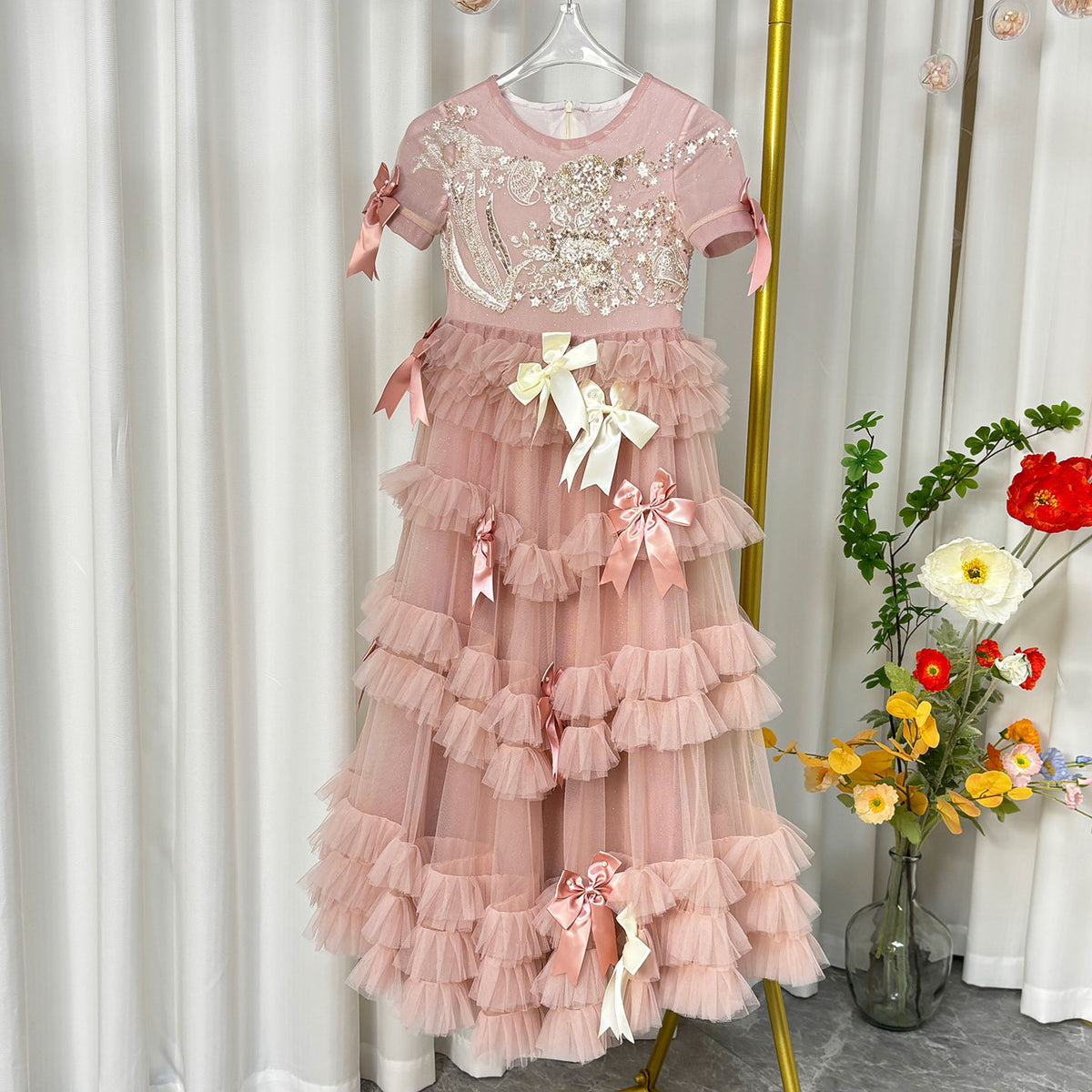 Jill Wish Luxury Pink A-Line Beading Girl Dress Princess Birthday Gown J084