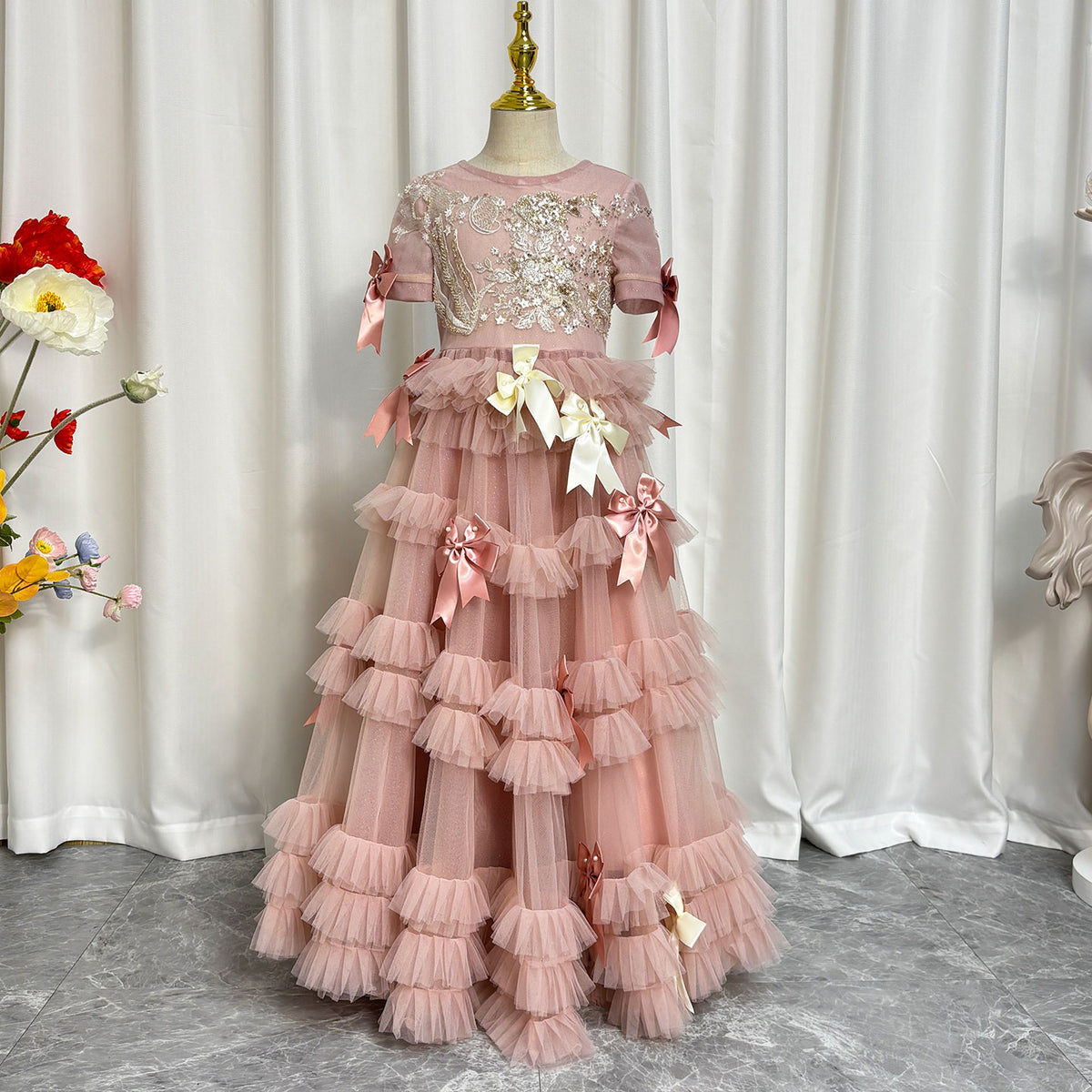 Jill Wish Luxury Pink A-Line Beading Girl Dress Princess Birthday Gown J084