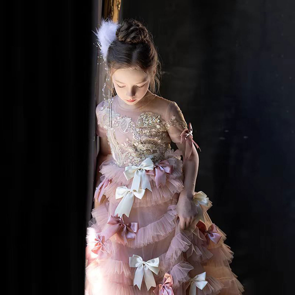 Jill Wish Luxury Pink A-Line Beading Girl Dress Princess Birthday Gown J084