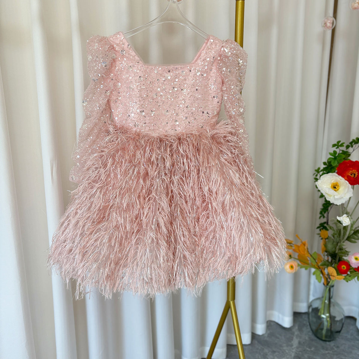 Jill Wish Luxury Pink Arabic Girl Dress Sequined Baby Kids Princess Birthday J161