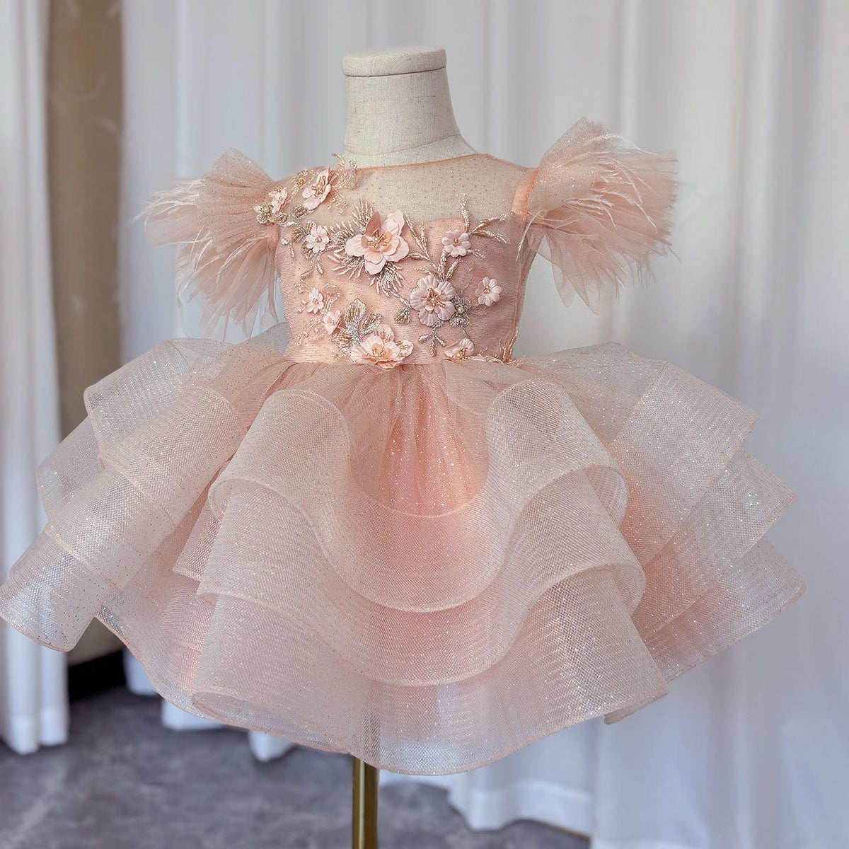 Jill Wish Luxury Pink Baby Flower Girl Dress Feathers Princess Kids Ball Gown for J144