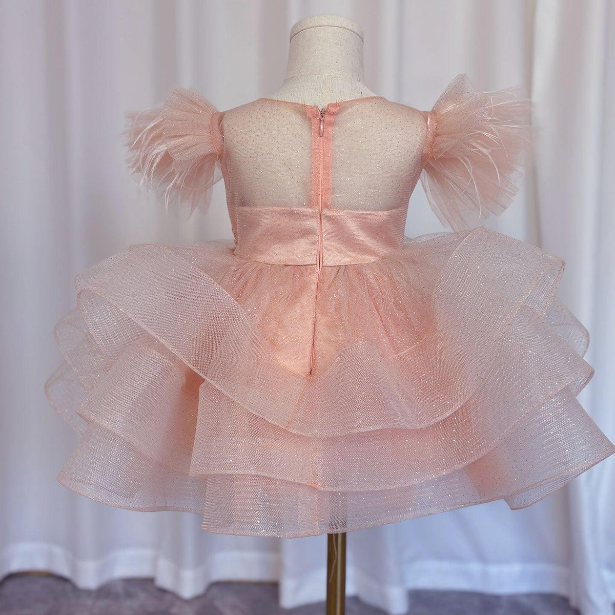 Jill Wish Luxury Pink Baby Flower Girl Dress Feathers Princess Kids Ball Gown for J144