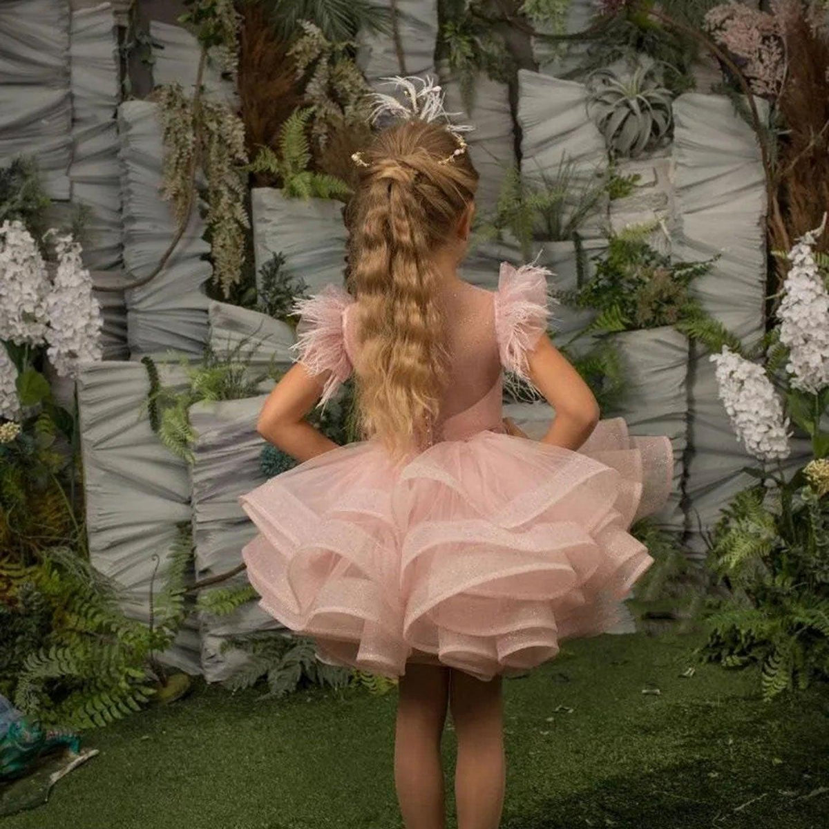 Jill Wish Luxury Pink Baby Flower Girl Dress Feathers Princess Kids Ball Gown for J144
