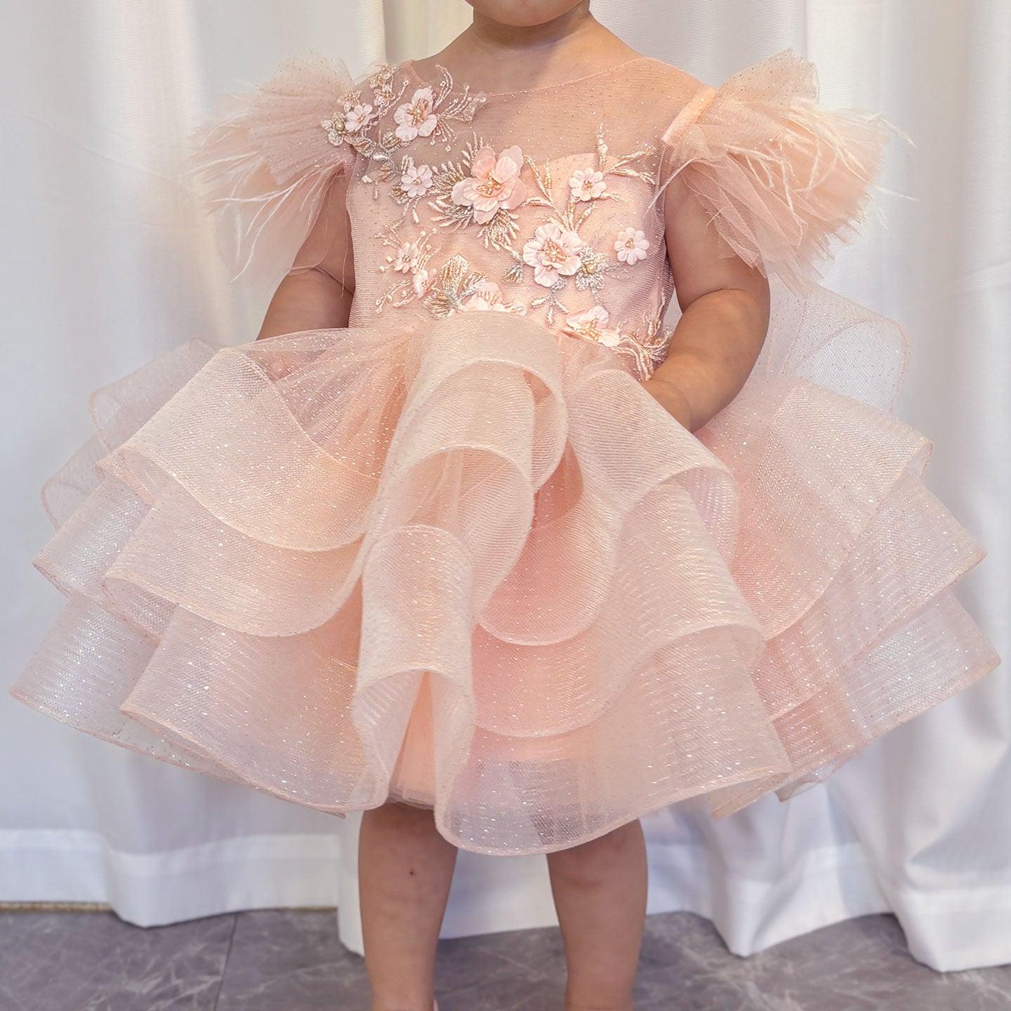 Luxury Pink Baby Flower Girl Dress Feathers Princess Kids Ball Gown fo
