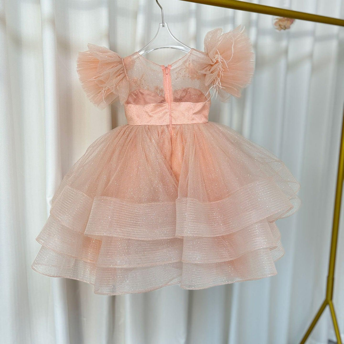 Jill Wish Luxury Pink Baby Flower Girl Dress Feathers Princess Kids Ball Gown for J144