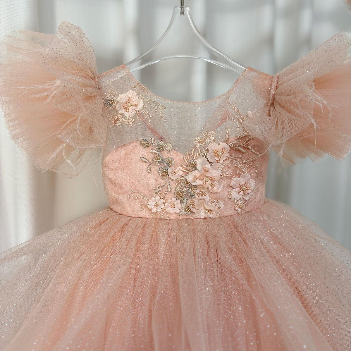 Jill Wish Luxury Pink Baby Flower Girl Dress Feathers Princess Kids Ball Gown for J144