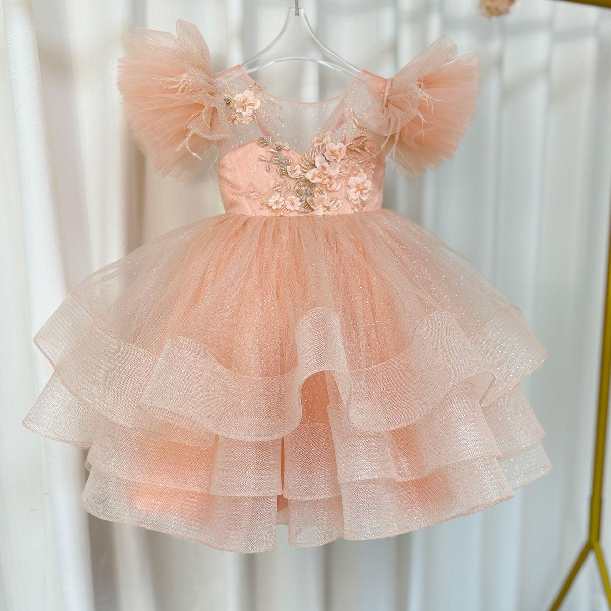 Jill Wish Luxury Pink Baby Flower Girl Dress Feathers Princess Kids Ball Gown for J144