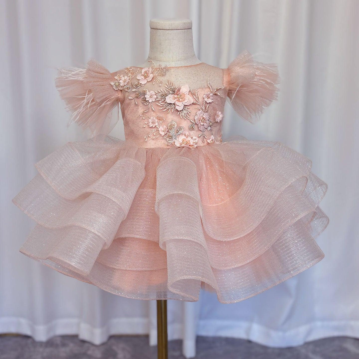 Jill Wish Luxury Pink Baby Flower Girl Dress Feathers Princess Kids Ball Gown for J144