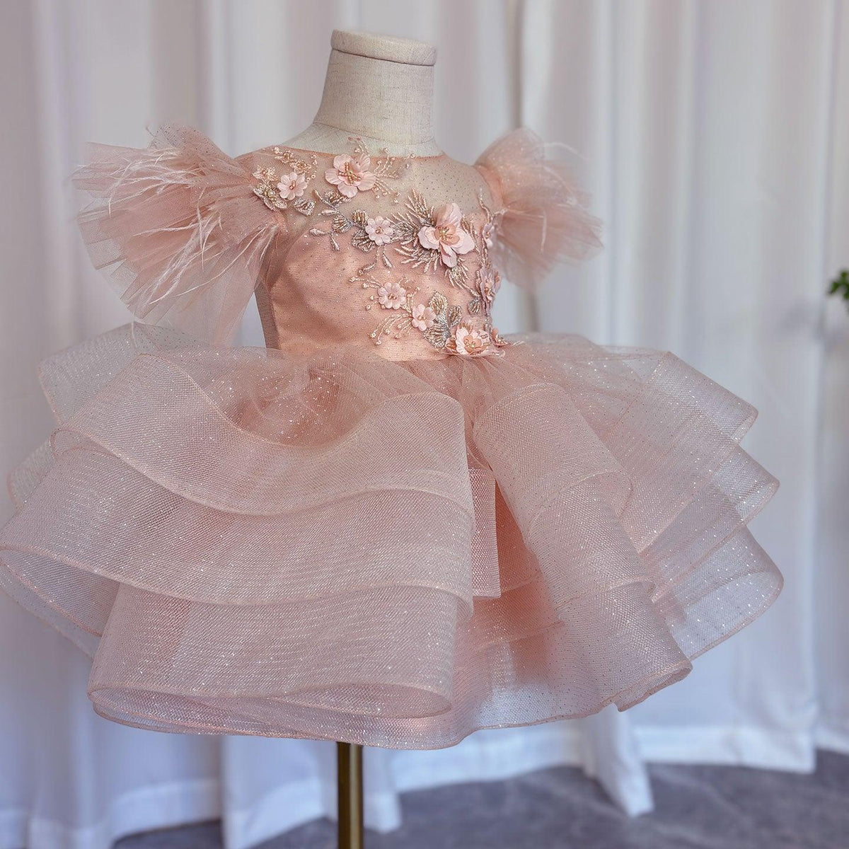 Jill Wish Luxury Pink Baby Flower Girl Dress Feathers Princess Kids Ball Gown for J144
