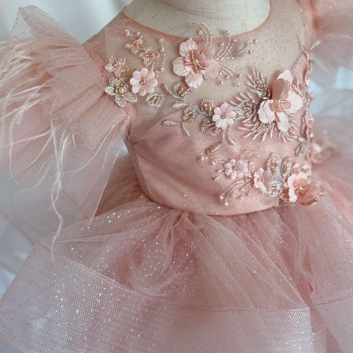 Jill Wish Luxury Pink Baby Flower Girl Dress Feathers Princess Kids Ball Gown for J144