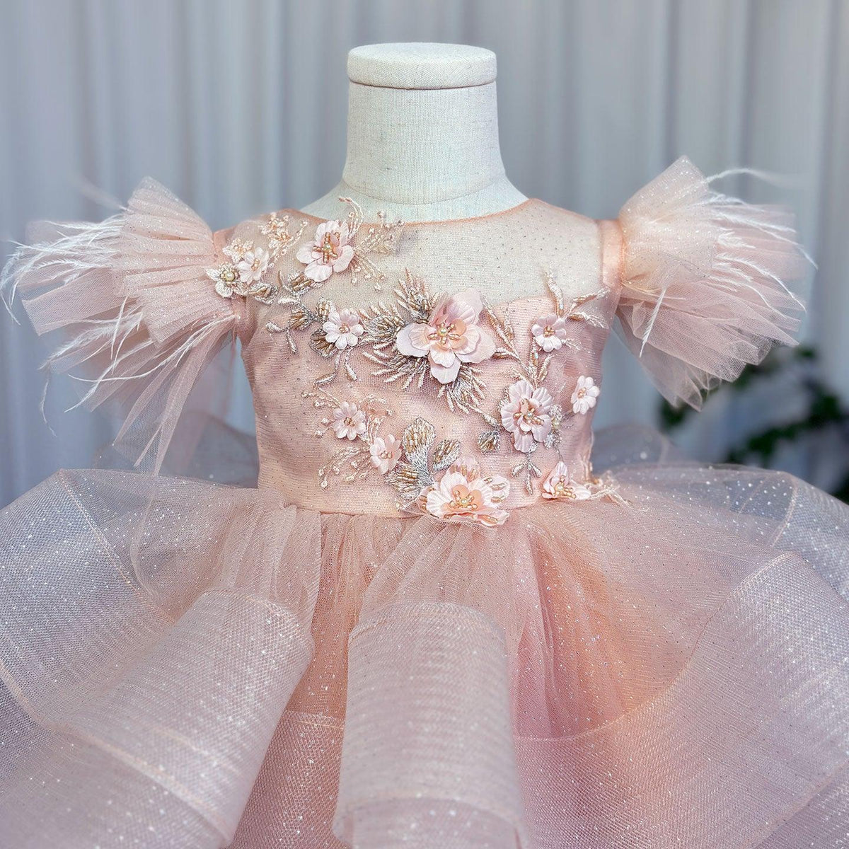 Jill Wish Luxury Pink Baby Flower Girl Dress Feathers Princess Kids Ball Gown for J144