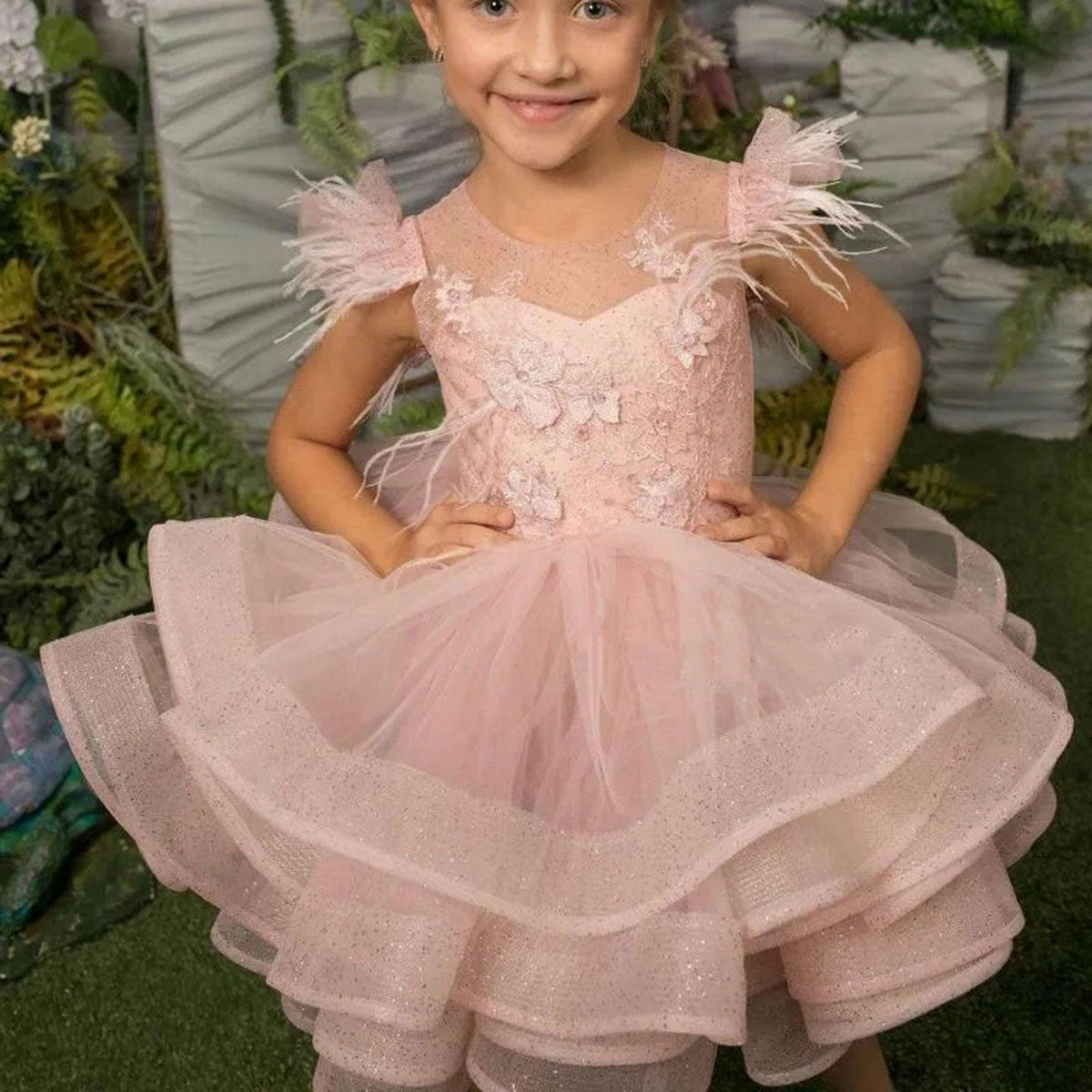 Jill Wish Luxury Pink Baby Flower Girl Dress Feathers Princess Kids Ball Gown for J144