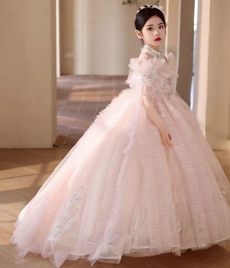 Jill Wish Luxury Pink Crystal Off Shoulder Court Train Girl Dress J334
