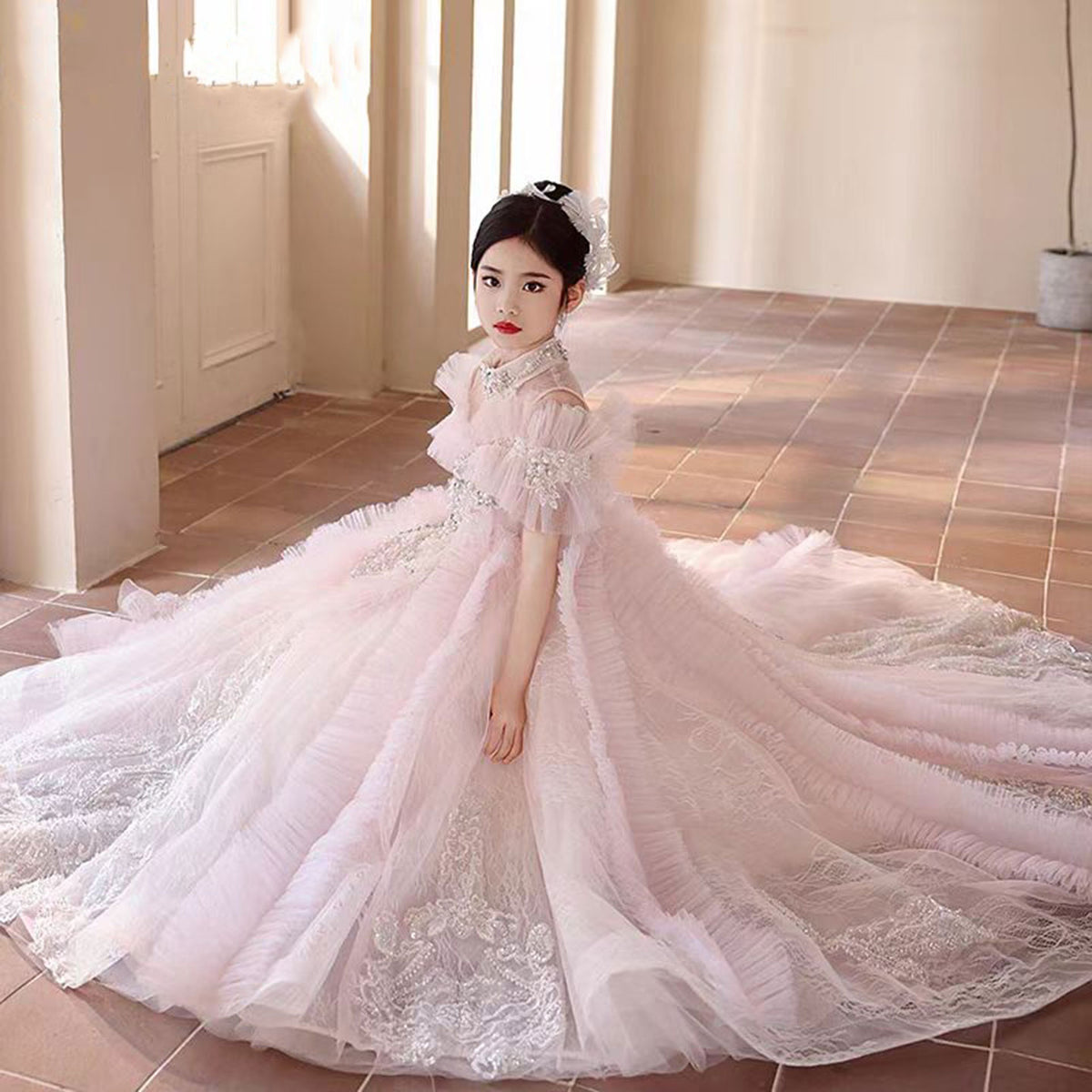 Jill Wish Luxury Pink Crystal Off Shoulder Court Train Girl Dress J334