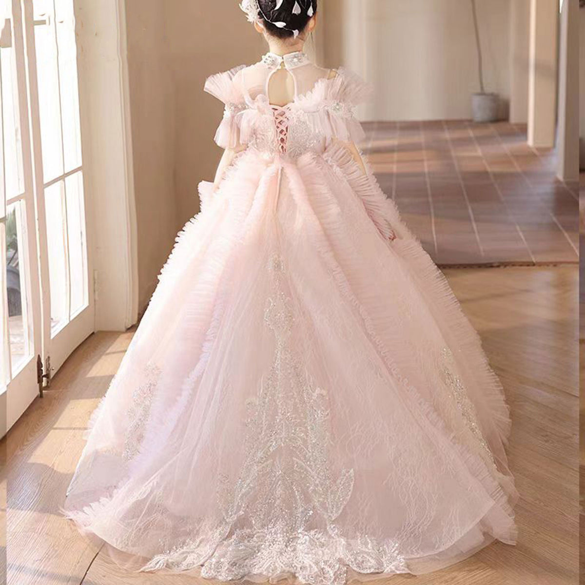 Jill Wish Luxury Pink Crystal Off Shoulder Court Train Girl Dress J334