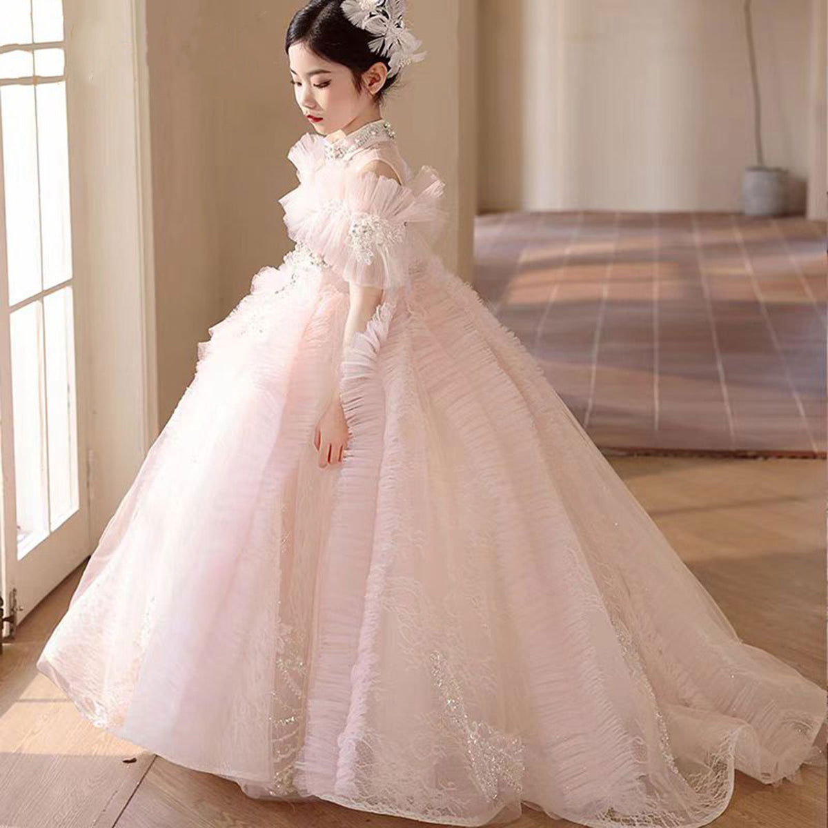 Jill Wish Luxury Pink Crystal Off Shoulder Court Train Girl Dress J334
