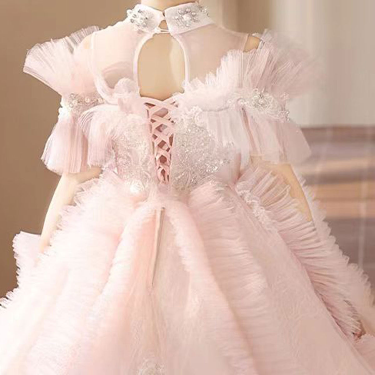 Jill Wish Luxury Pink Crystal Off Shoulder Court Train Girl Dress J334