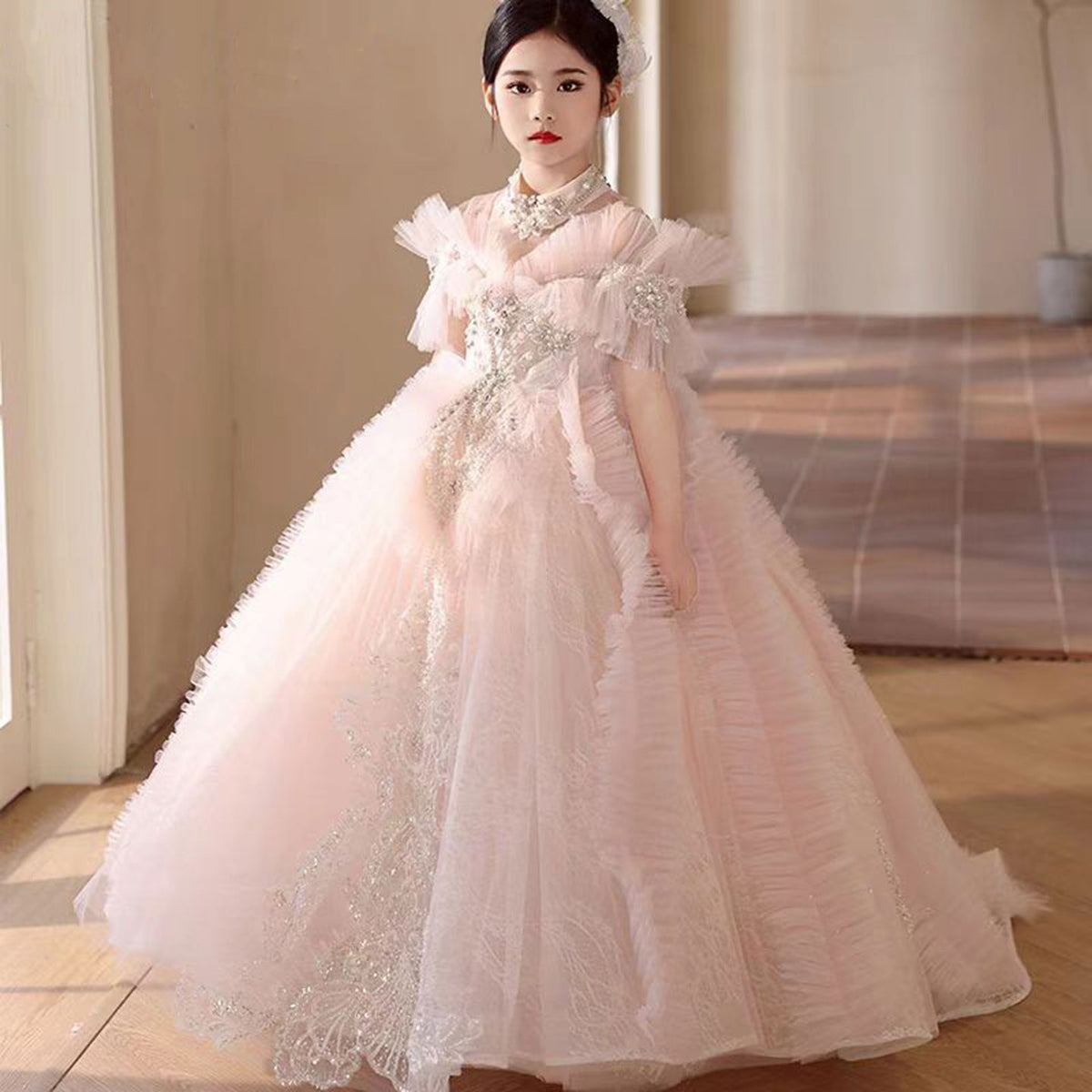 Jill Wish Luxury Pink Crystal Off Shoulder Court Train Girl Dress J334