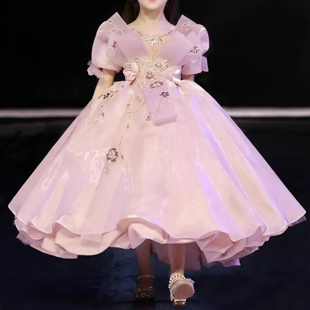 Jill Wish Luxury Pink Dubai Flower Girl Dresses Beads Arabic Princess Gown J089