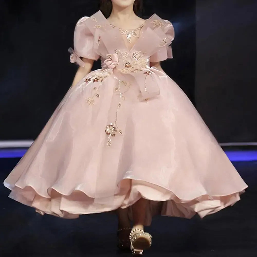 Jill Wish Luxury Pink Dubai Flower Girl Dresses Beads Arabic Princess Gown J089