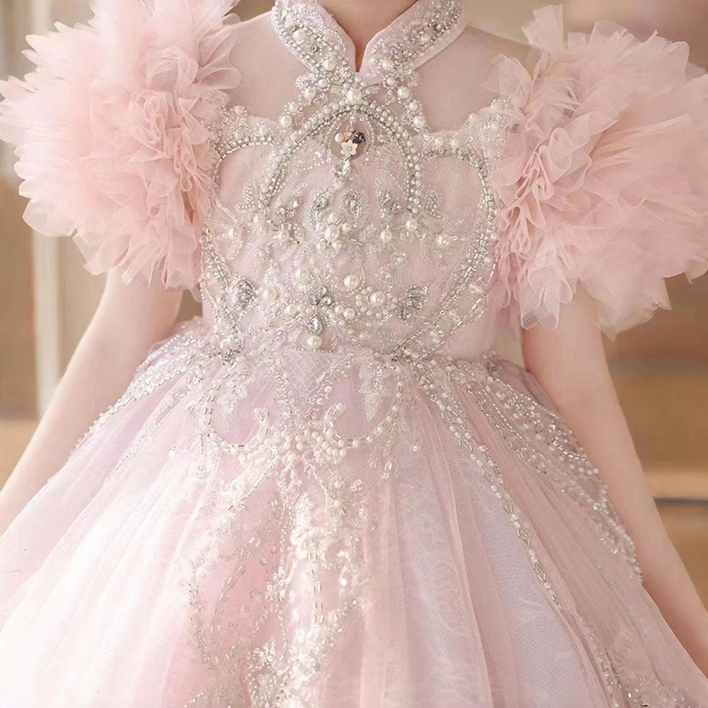 Jill Wish Luxury Pink Dubai Girl Dress Beaded Arabric Ball Gown J267