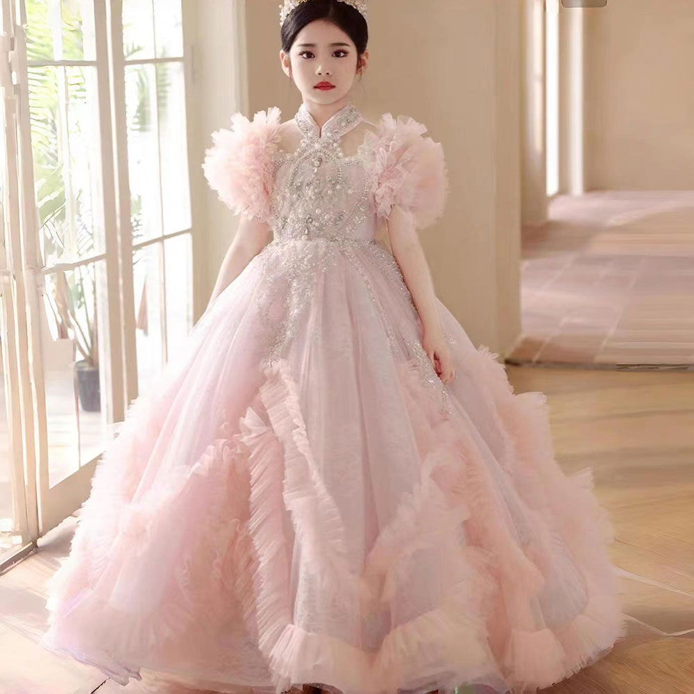 Jill Wish Luxury Pink Dubai Girl Dress Beaded Arabric Ball Gown J267