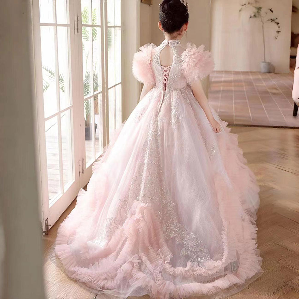 Jill Wish Luxury Pink Dubai Girl Dress Beaded Arabric Ball Gown J267
