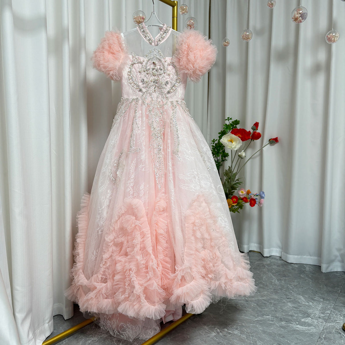Jill Wish Luxury Pink Dubai Girl Dress Beaded Arabric Ball Gown J267