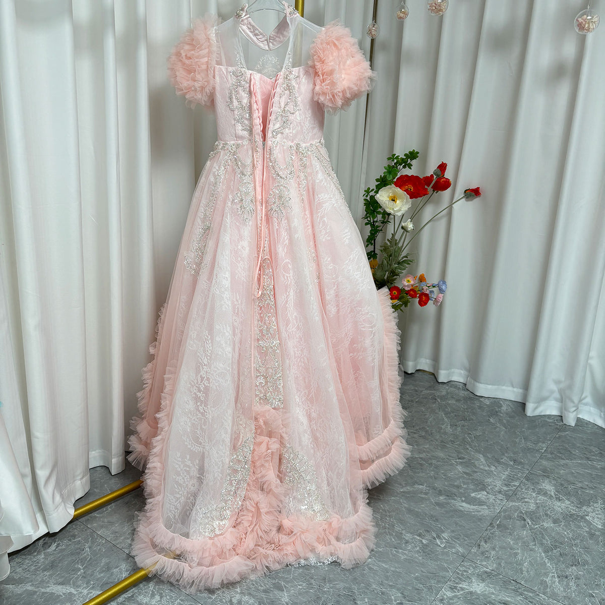 Jill Wish Luxury Pink Dubai Girl Dress Beaded Arabric Ball Gown J267