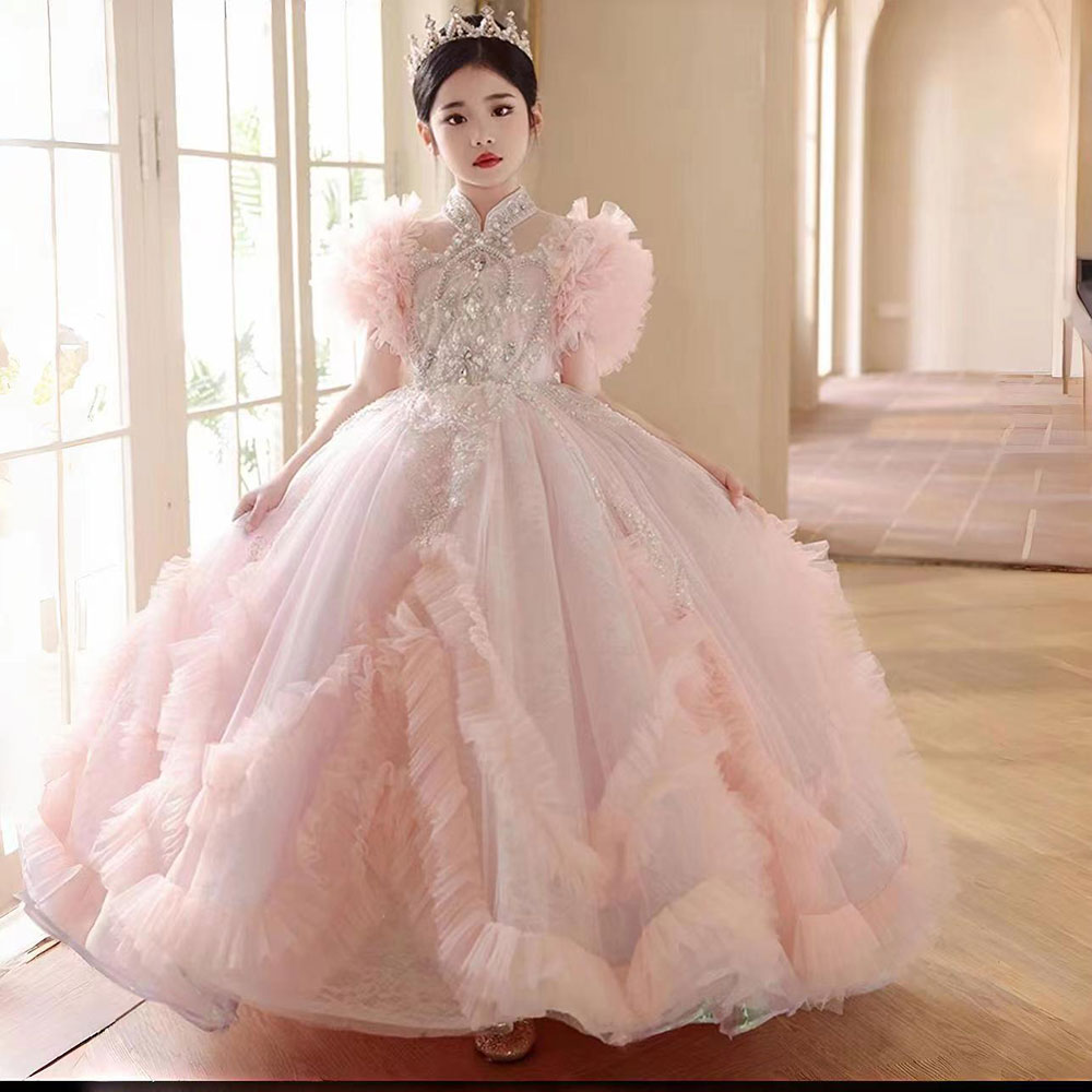 Jill Wish Luxury Pink Dubai Girl Dress Beaded Arabric Ball Gown J267