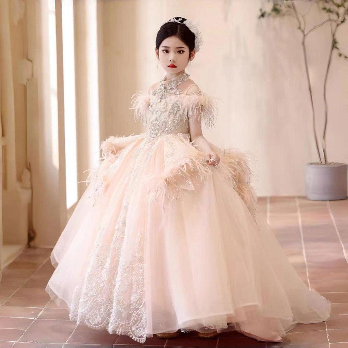 Jill Wish Luxury Pink Dubai Girl Dress Beaded Feathers Arabic Princess J138