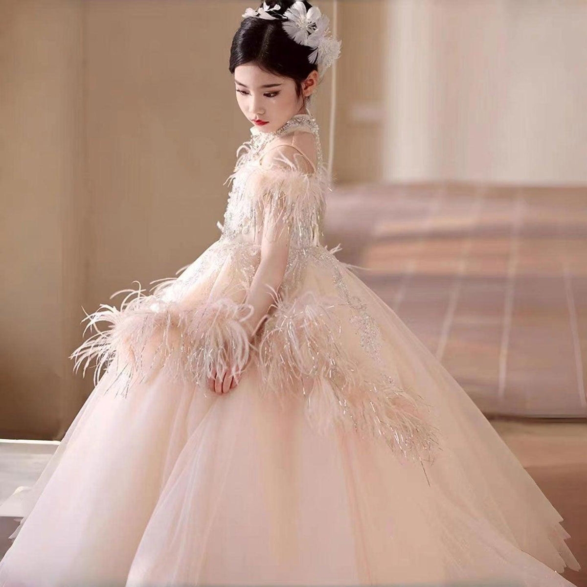 Jill Wish Luxury Pink Dubai Girl Dress Beaded Feathers Arabic Princess J138