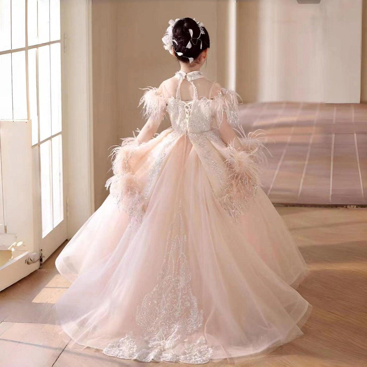 Jill Wish Luxury Pink Dubai Girl Dress Beaded Feathers Arabic Princess J138